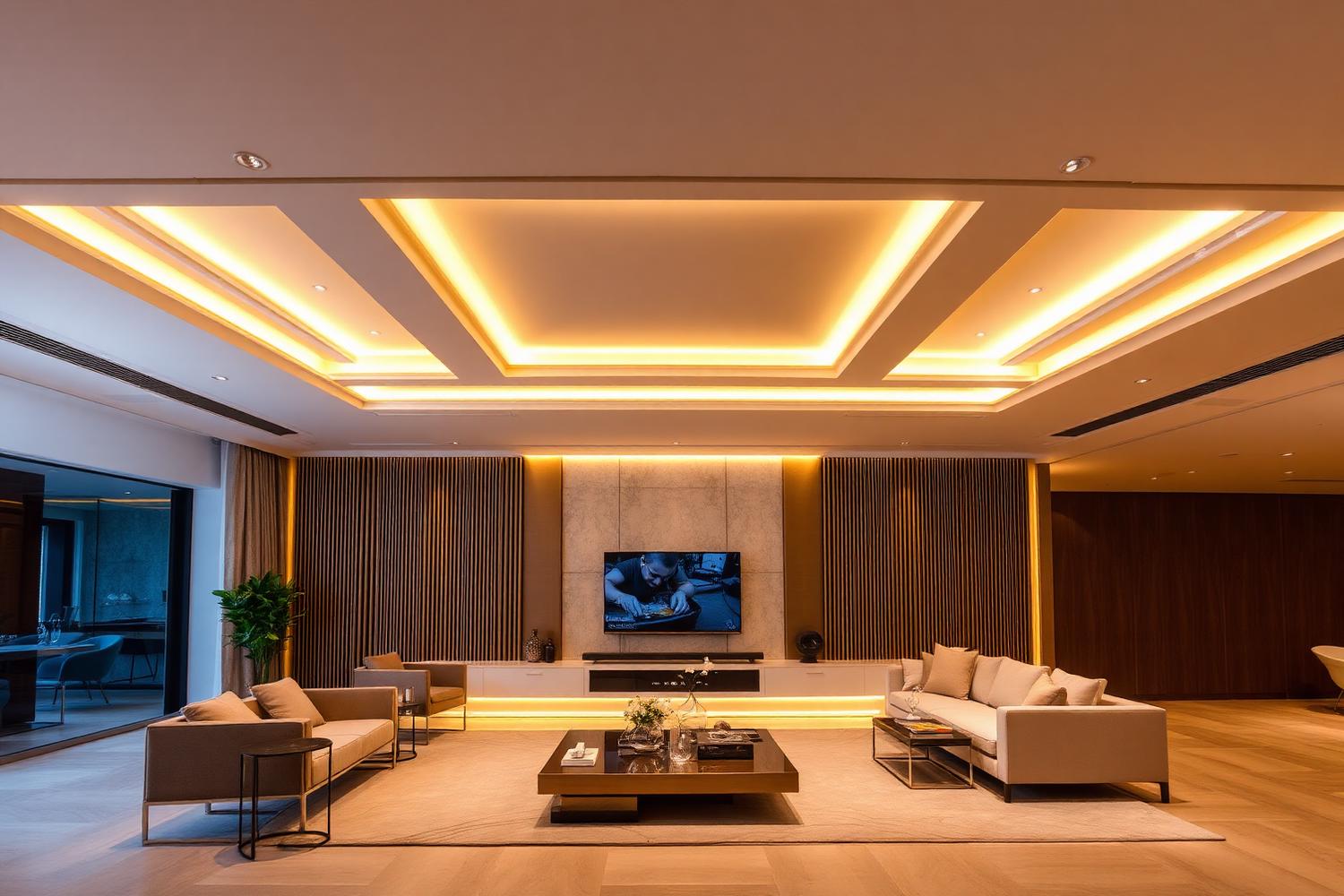 Layered ceiling with warm cove lighting